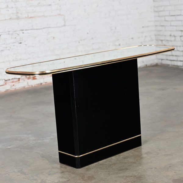 Late 20th Century Postmodern Sofa or Console Table with Mirror Top & Black Lacquered Pedestal Base