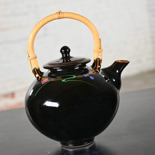 Late 20th Century Contemporary Asian Dark Brown Glazed Ceramic Teapot with Wrapped Rattan Handle