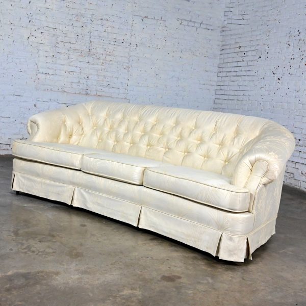 Mid to Late 20th Century Hollywood Regency Curved Sofa Button Back Off-White Damask Fabric