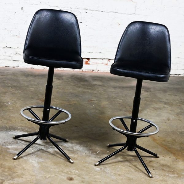 Mid-20th Century MCM Adjustable Swivel Barstools Black Vinyl Chrome & Black Painted Steel a Pair