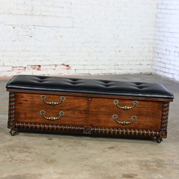 1972 Vintage Spanish Revival Lane Locking Cedar Chest with Black Vinyl Bench Top & Cast Brass Hardware