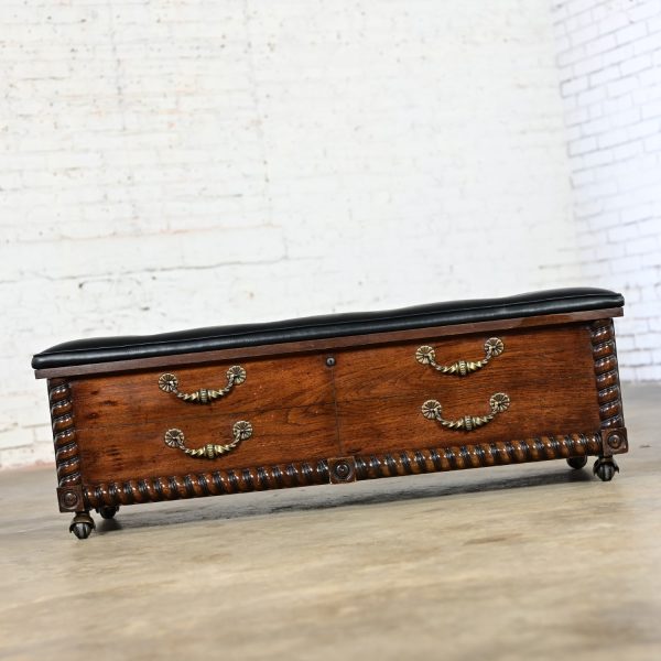 1972 Vintage Spanish Revival Lane Locking Cedar Chest with Black Vinyl Bench Top & Cast Brass Hardware