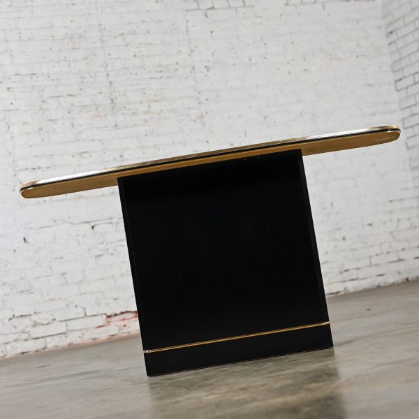 Late 20th Century Postmodern Sofa or Console Table with Mirror Top & Black Lacquered Pedestal Base