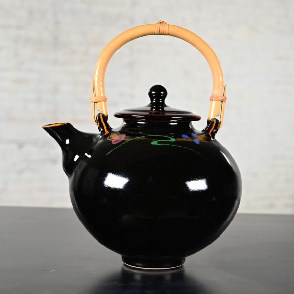 Late 20th Century Contemporary Asian Dark Brown Glazed Ceramic Teapot with Wrapped Rattan Handle