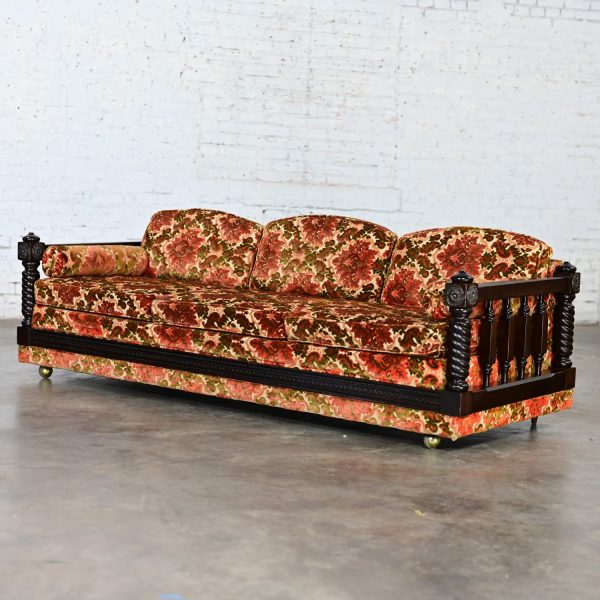 Vintage Spanish Revival Sofa with Floral Tapestry Chenille Fabric Barley Twist Turned Spindle Sides & Brass Detail