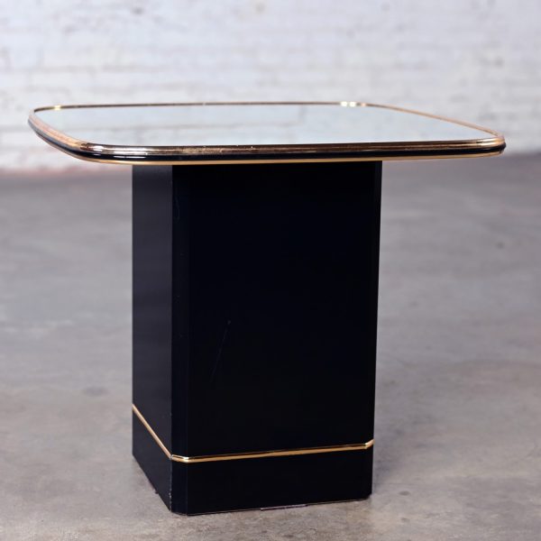 Late 20th Century Postmodern End or Side Table with Mirror Top & Black Laquered Pedestal Base