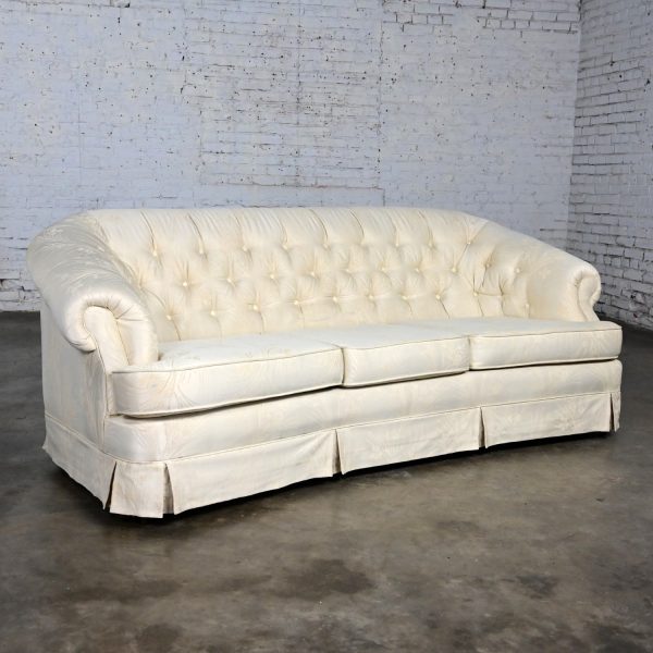 Mid to Late 20th Century Hollywood Regency Curved Sofa Button Back Off-White Damask Fabric