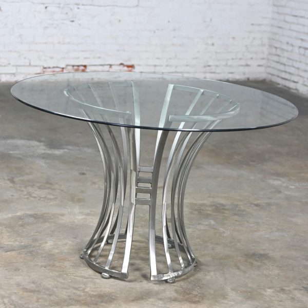 Late 20th Century Modern Shaver Howard Slatted Steel Tulip Pedestal Base Table with Round Glass Top