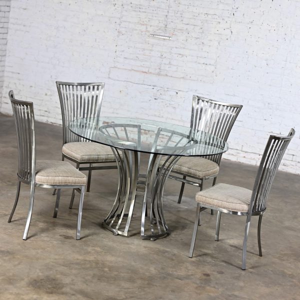 Late 20th Century Modern Shaver Howard Dining Set Slatted Steel Tulip Pedestal Base Table with Round Glass Top & 4 Chairs