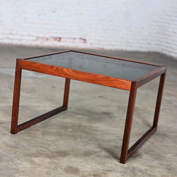 Mid-20th Century Mid Century Modern Rosewood Square Frame & Smoked Glass Top Coffee or End Table