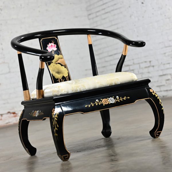 Late 20th to Early 21st Century Chinoiserie Horseshoe Yoke Back Black Lacquer Chair Ming Style Legs Made in China