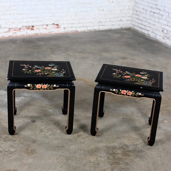 Late 20th to Early 21st Century Distressed Chinoiserie Pair Black Lacquered End or Side Tables Ming Style Feet