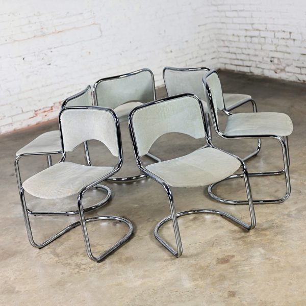 Late 20th Century Modern Gray Suede & Chrome Frame Cantilever Dining or Side Chairs Set of 6