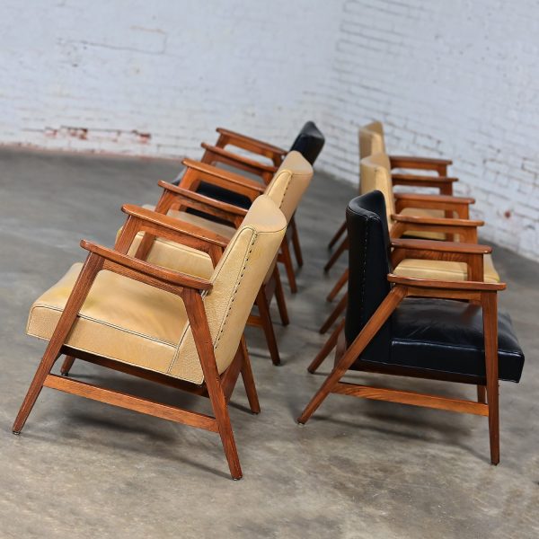 Set of 6 Mid-20th Century MCM Gunlocke Armchairs 4 Gold & 2 Black Leather with Walnut Frames