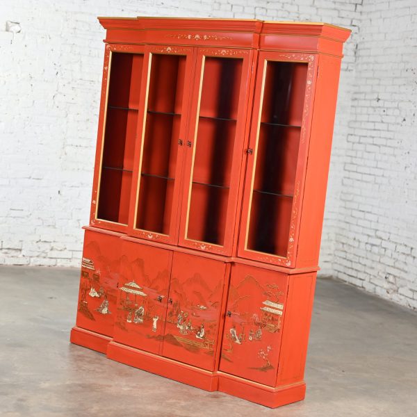 Vintage Chinoiserie Chinese Red Breakfront Lighted China Hutch Bookcase or Display Cabinet