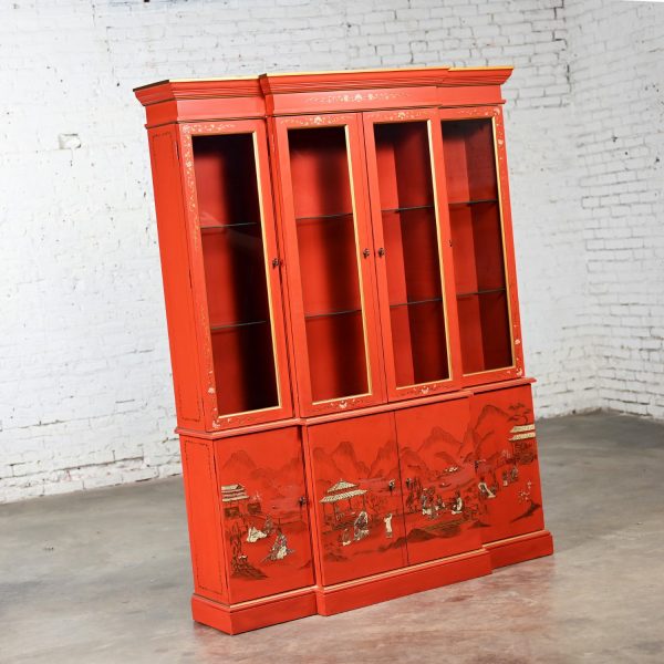 Vintage Chinoiserie Chinese Red Breakfront Lighted China Hutch Bookcase or Display Cabinet