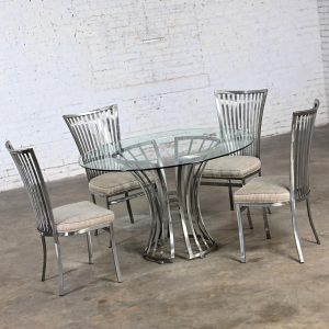 Late 20th Century Modern Shaver Howard Dining Set Slatted Steel Tulip Pedestal Base Table with Round Glass Top & 4 Chairs