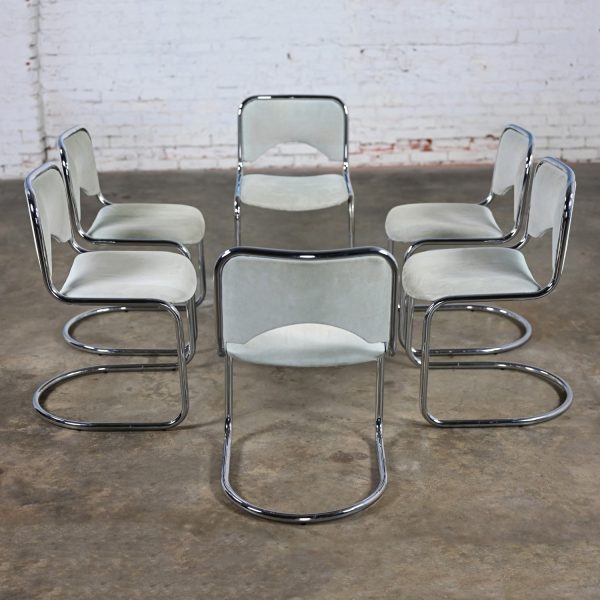 Late 20th Century Modern Gray Suede & Chrome Frame Cantilever Dining or Side Chairs Set of 6