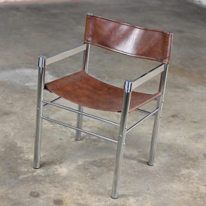 1970’s Modern Chrome & Brown Vinyl James David Style Director’s or Sling Chair