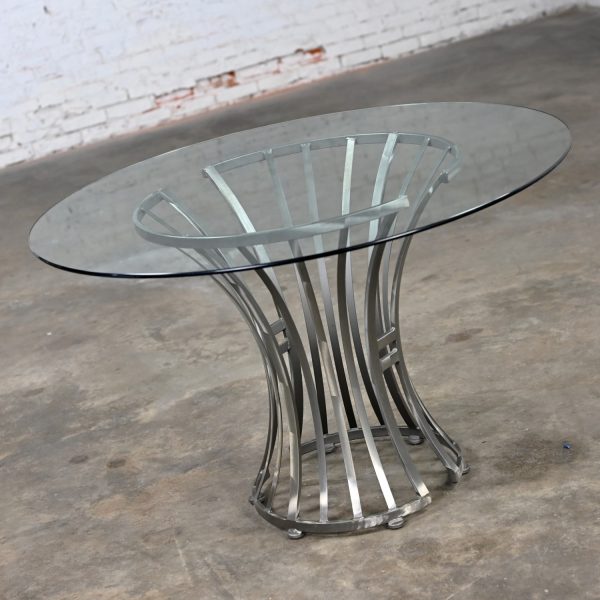 Late 20th Century Modern Shaver Howard Slatted Steel Tulip Pedestal Base Table with Round Glass Top