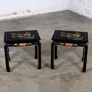 Late 20th to Early 21st Century Distressed Chinoiserie Pair Black Lacquered End or Side Tables Ming Style Feet