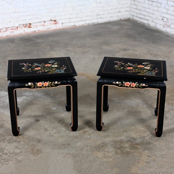 Late 20th to Early 21st Century Distressed Chinoiserie Pair Black Lacquered End or Side Tables Ming Style Feet