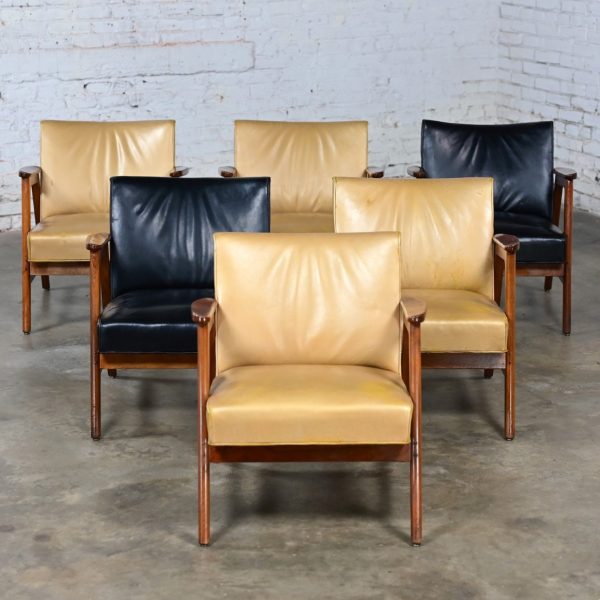 Set of 6 Mid-20th Century MCM Gunlocke Armchairs 4 Gold & 2 Black Leather with Walnut Frames