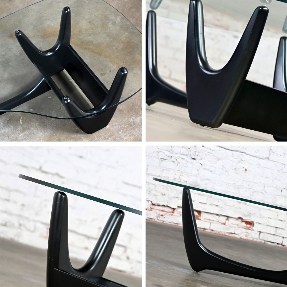 Mid Century Modern Coffee Table with Black Base & Biomorphic Glass Top Style Kroehler Pearsall or Tonk