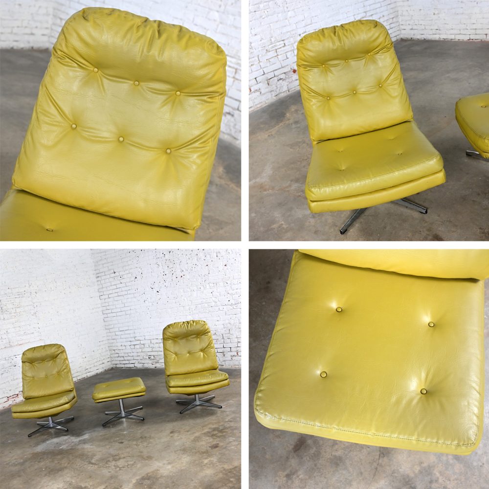 Mid-20th Century Mid Century Modern Pair Chartreuse Faux Leather Swivel Lounge Chairs & One Ottoman Style of Overman