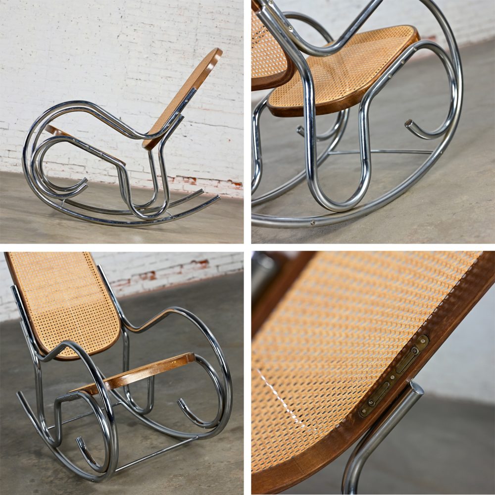 1970’s Bauhaus Style Chrome Tube Bentwood & Cane Rocking Chair or Rocker