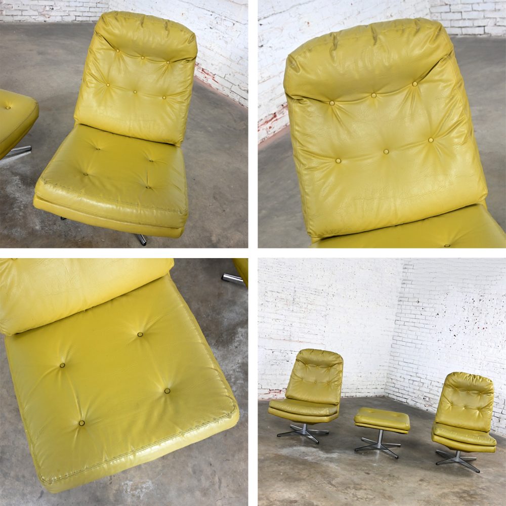 Mid-20th Century Mid Century Modern Pair Chartreuse Faux Leather Swivel Lounge Chairs & One Ottoman Style of Overman