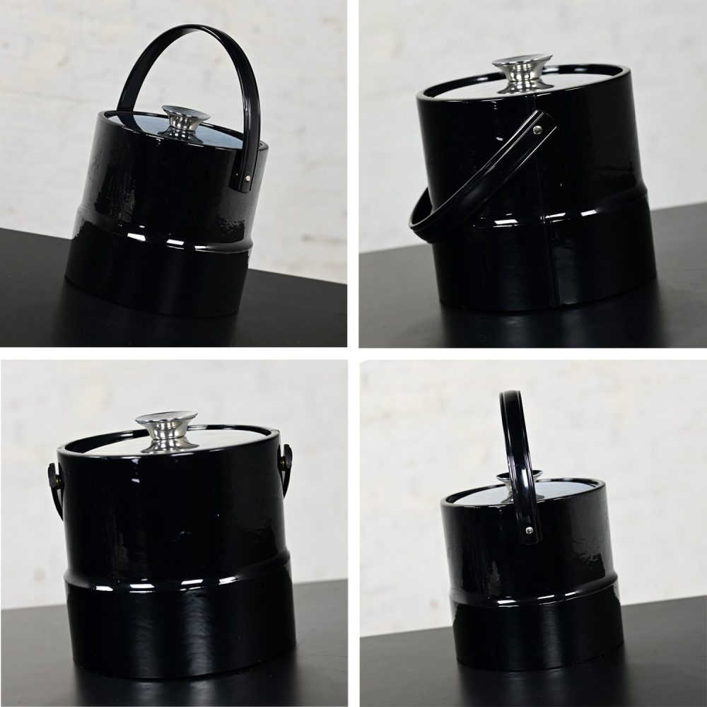 Mid-20th Century MCM Dorothy Thorpe Allegro Style Silver Banded Set 5 Tumblers 4 Stems with Black Kraftware Ice Bucket