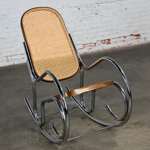 1970’s Bauhaus Style Chrome Tube Bentwood & Cane Rocking Chair or Rocker