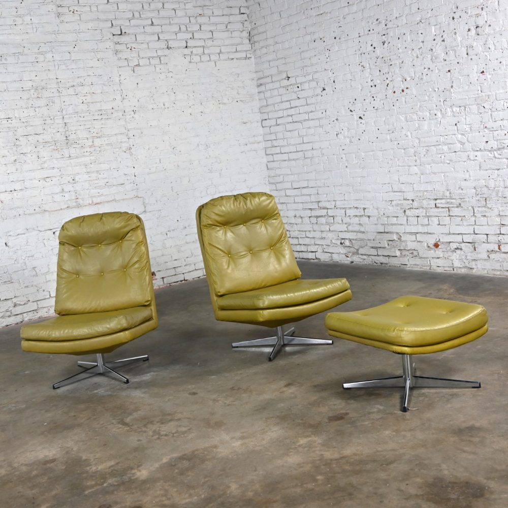 Mid-20th Century Mid Century Modern Pair Chartreuse Faux Leather Swivel Lounge Chairs & One Ottoman Style of Overman