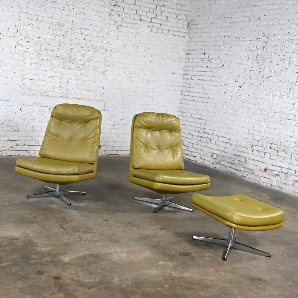 Mid-20th Century Mid Century Modern Pair Chartreuse Faux Leather Swivel Lounge Chairs & One Ottoman Style of Overman