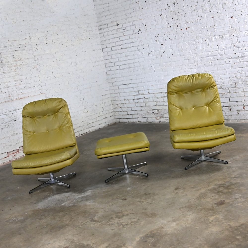 Mid-20th Century Mid Century Modern Pair Chartreuse Faux Leather Swivel Lounge Chairs & One Ottoman Style of Overman