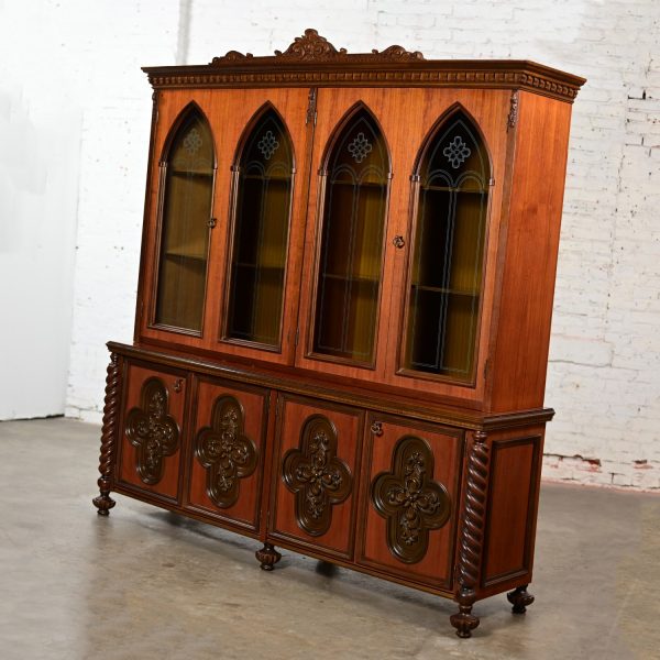 1960’s Italian Gothic Revival Extra Large Bookcase or Display Cabinet Wood & Glass w/Plastic Accents