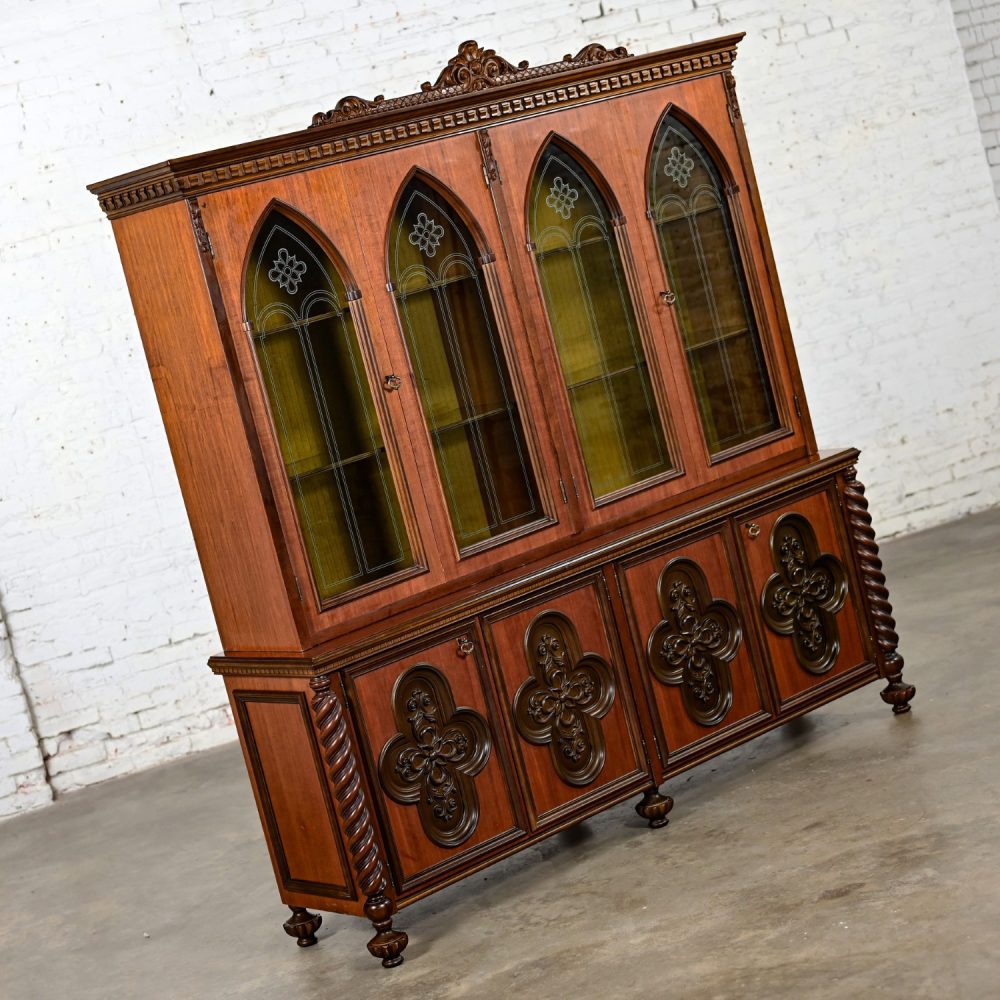 1960’s Italian Gothic Revival Extra Large Bookcase or Display Cabinet Wood & Glass w/Plastic Accents