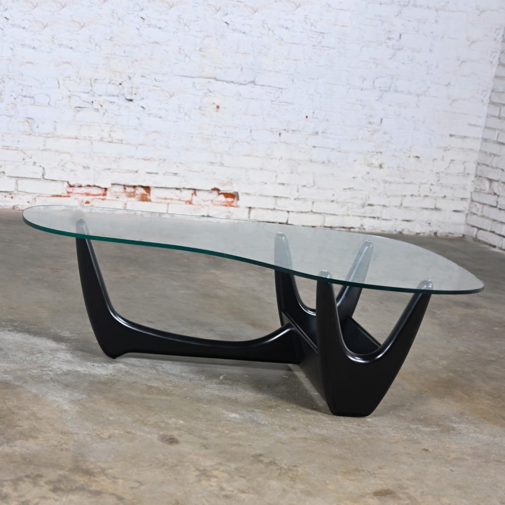 Mid Century Modern Coffee Table with Black Base & Biomorphic Glass Top Style Kroehler Pearsall or Tonk