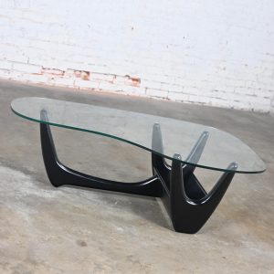 Mid Century Modern Coffee Table with Black Base & Biomorphic Glass Top Style Kroehler Pearsall or Tonk