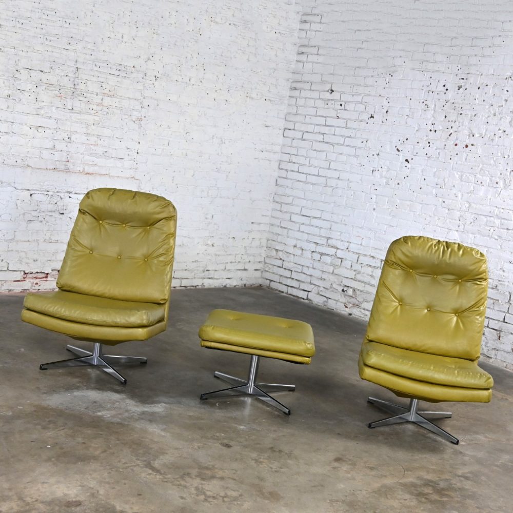 Mid-20th Century Mid Century Modern Pair Chartreuse Faux Leather Swivel Lounge Chairs & One Ottoman Style of Overman