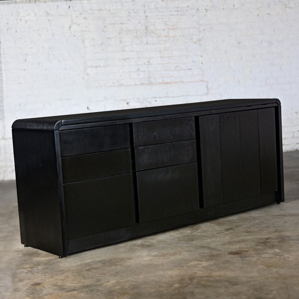 Late 20th Century Modern to Scandinavian Modern Black Painted Oak Waterfall Style Buffet Credenza or Cabinet