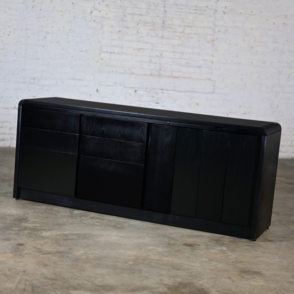 Late 20th Century Modern to Scandinavian Modern Black Painted Oak Waterfall Style Buffet Credenza or Cabinet