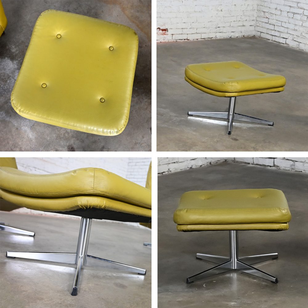 Mid-20th Century Mid Century Modern Pair Chartreuse Faux Leather Swivel Lounge Chairs & One Ottoman Style of Overman