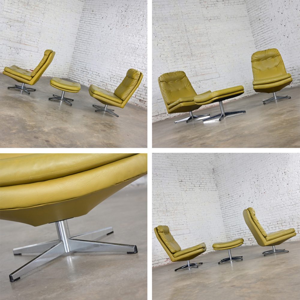 Mid-20th Century Mid Century Modern Pair Chartreuse Faux Leather Swivel Lounge Chairs & One Ottoman Style of Overman