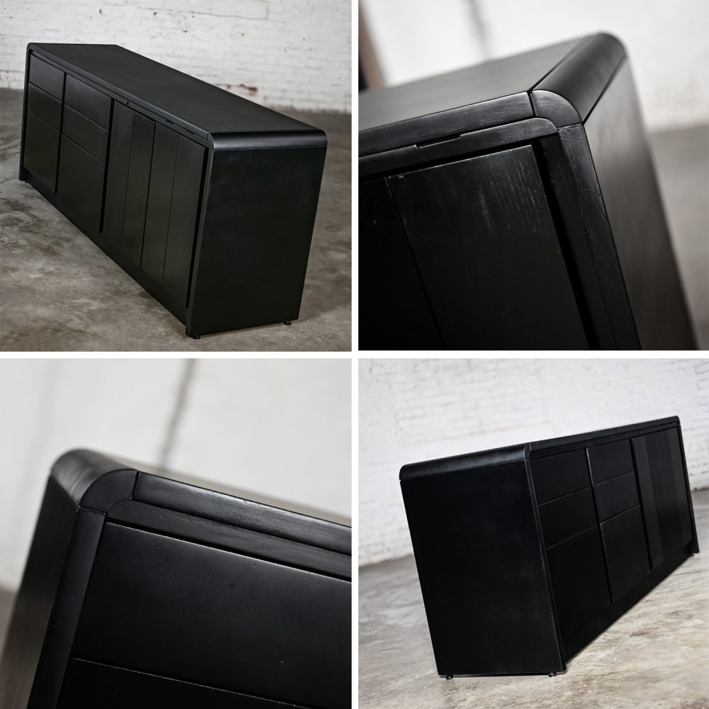 Late 20th Century Modern to Scandinavian Modern Black Painted Oak Waterfall Style Buffet Credenza or Cabinet