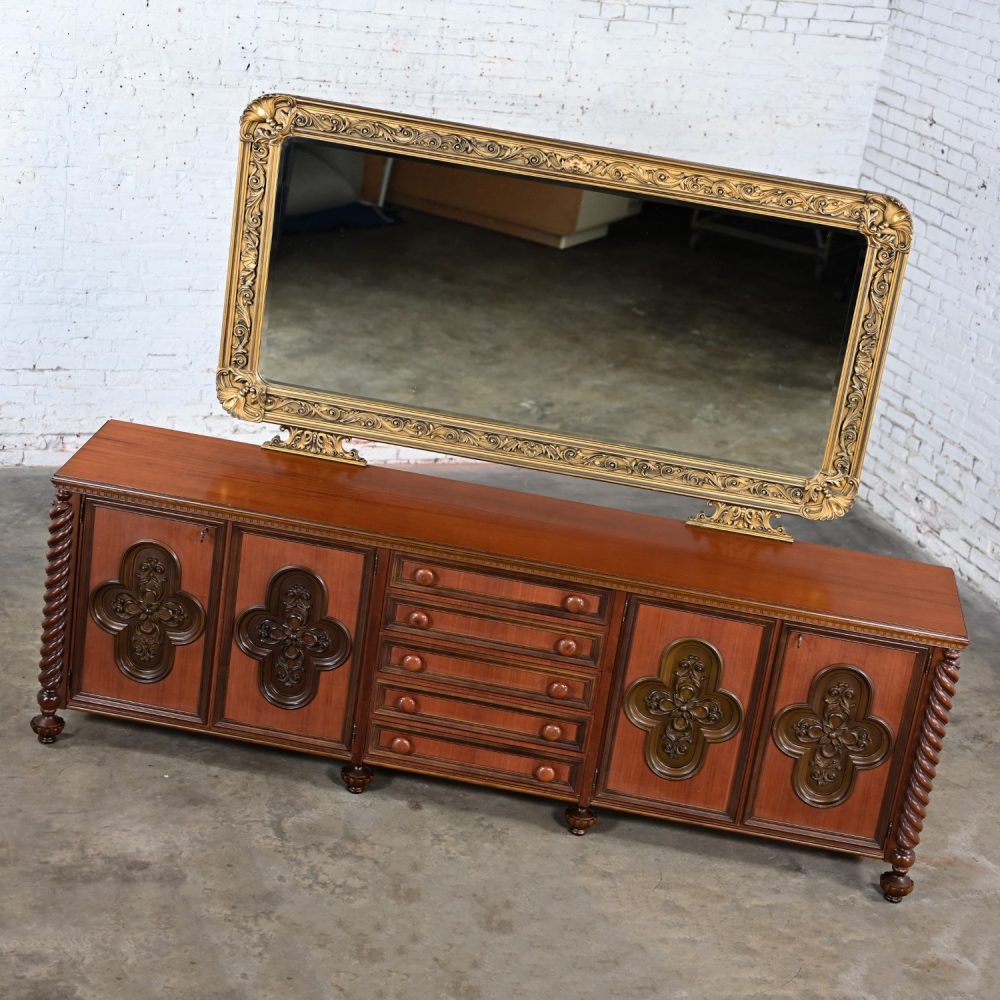 1960’s Italian Gothic Revival Monumental Sideboard with Plastic Accents & Large Gilded Mirror