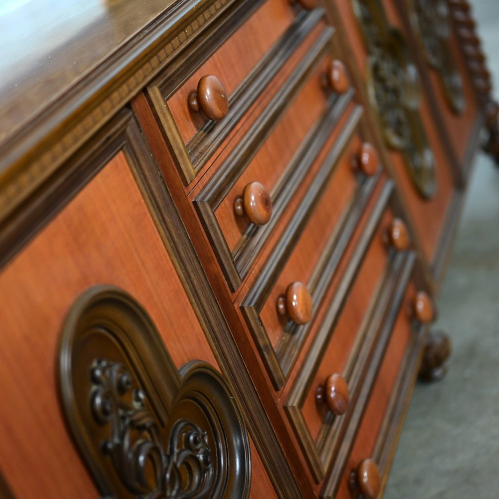 1960’s Italian Gothic Revival Monumental Sideboard with Plastic Accents & Large Gilded Mirror