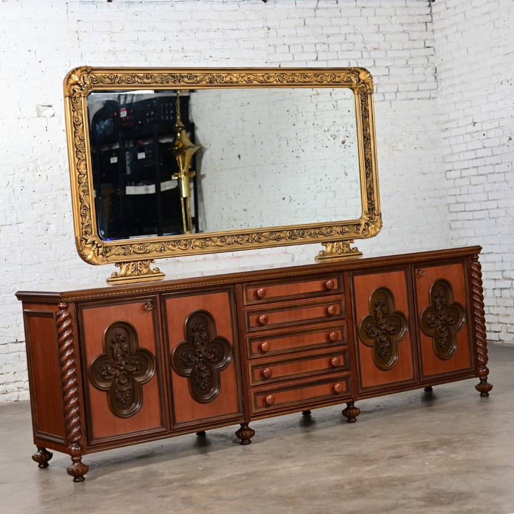 1960’s Italian Gothic Revival Monumental Sideboard with Plastic Accents & Large Gilded Mirror