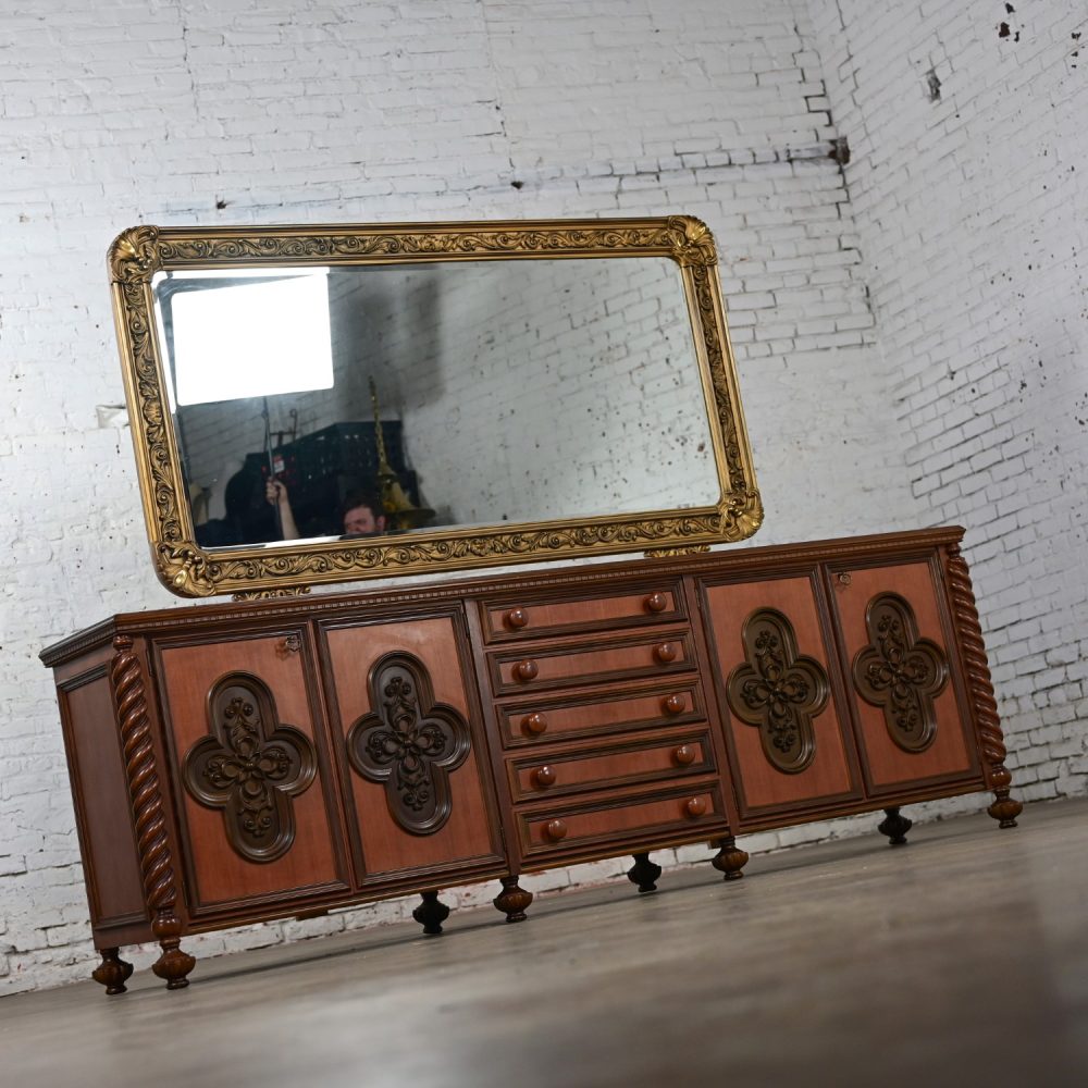 1960’s Italian Gothic Revival Monumental Sideboard with Plastic Accents & Large Gilded Mirror